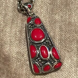 Red Coral Zuni Sterling Silver 925 Pendant Vintage Fluted Curve